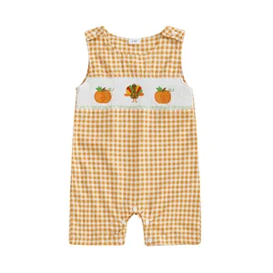 Custom Baby Girls Summer Casual ODM Plaid Embroidery Shirred Smocked Sleeveless Rompers