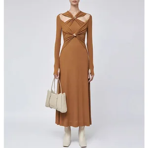 Factory Wholesale High-end Knitted A-Line Dress Spring Celebrity Elegant Cross Pleated Slim-fit Long Sleeve V-neck Party