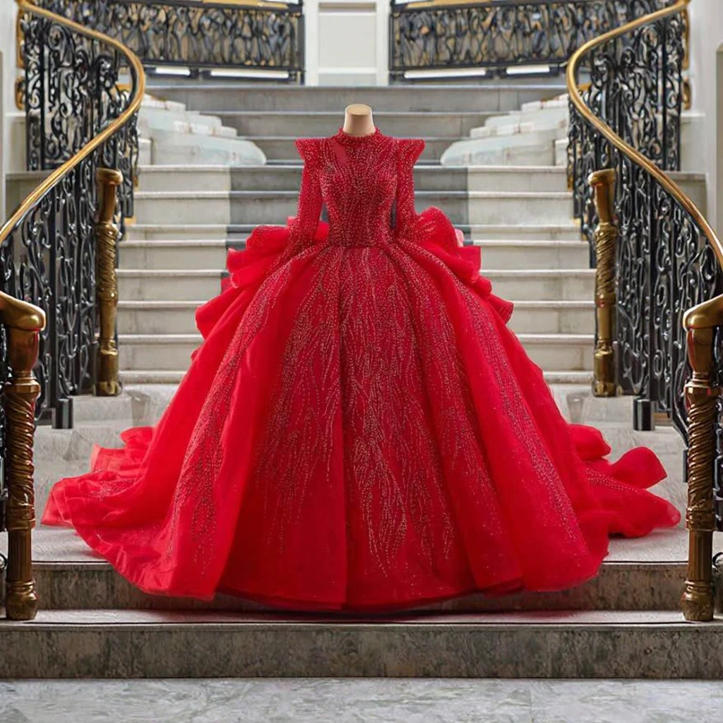 Feishiluo Luxurious Red Muslin Wedding Dress - Fluffy Ball Gown Feishiluo Luxurious Red Muslin Wedding Dress - Fluffy Ball Gown