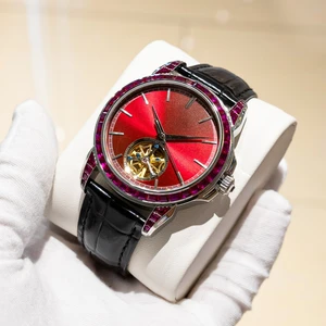 OEM Factory Customized Logo Men Luxury Diamond Bezel Automatic Watches Fashion Leather Strap Skeletonized Mechanical Watch