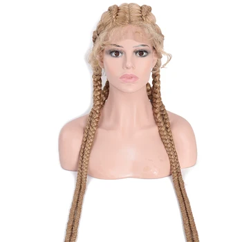 Nigeria Big Braids Style Full Lace Wigs 32 Inches Long Synthetic Hair 4 Box Braided Blonde 27/613 African American Braiding Wigs
