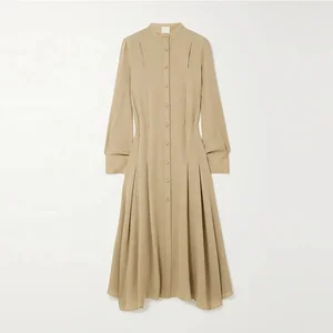 Clothing Manufacturer Custom Spring Autumn Beige Crew Neck Single Breasted Elegant Casual Women Silk Shirt Dress
