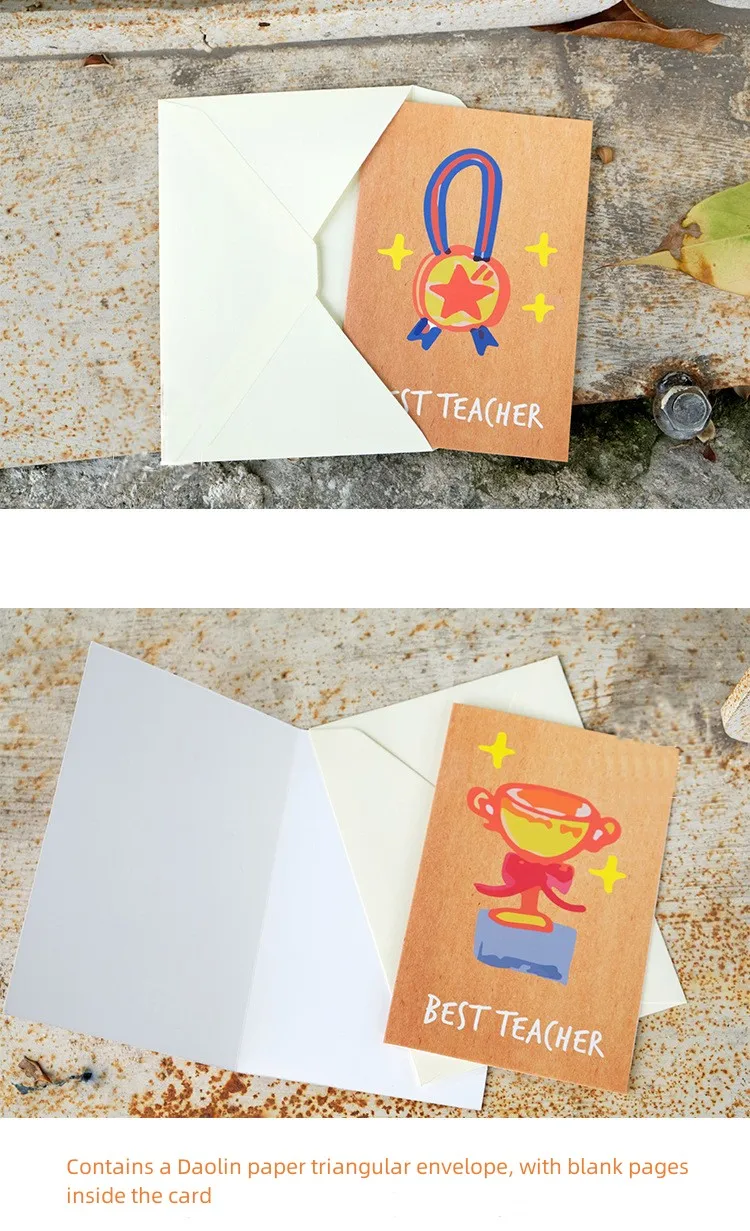 Hot Sale 15*10cm Cartoon Trophy Thank You Gift Cards kraft Paper Cute Greeting Cards With Envelope For Teacher's Day supplier