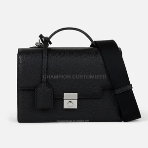 Custom Logo Black Leather Ladies Flap Trunk Crossbody Messenger Bag Top Handle Lock Handbag Purse for Women
