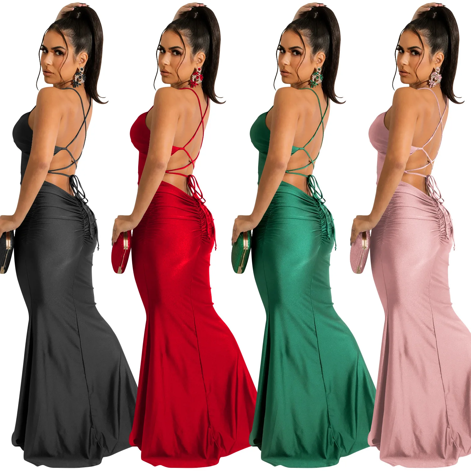 2022  New Design Solid Color Sexy Suspender Wrap Chest Close Back Strap Tight Dress