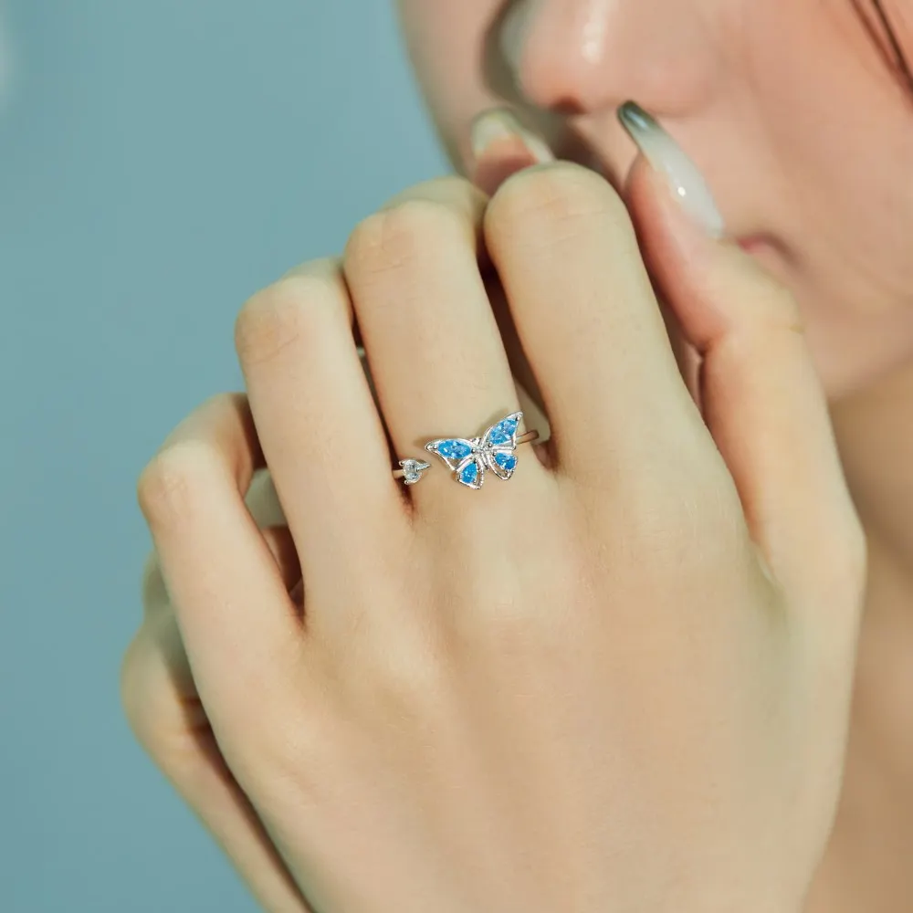 KAKODIY New Rotatable Blue Cubic Zirconia Anxiety Butterfly Ring Opening Adjustable 925 Sterling Silver Butterfly Ring Jewelry for Women detail 4