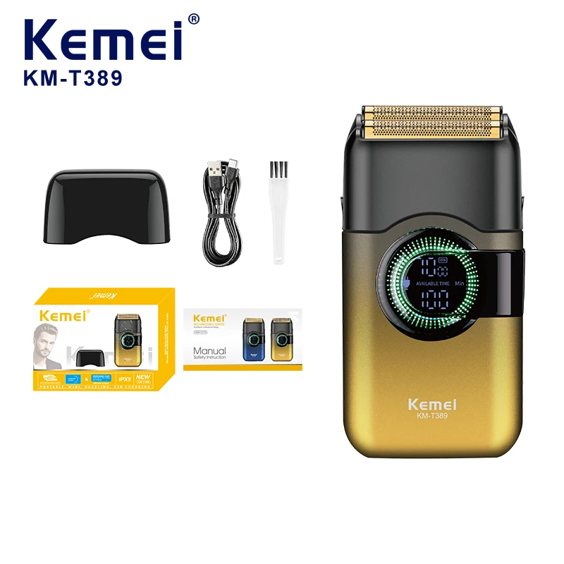 Tondeuse à barbe électrique KEMEI KM-T389, étanche IPX5, moteur haute vitesse 7500 tr/min, lame double rotative en couleurs assorties, pour hommes