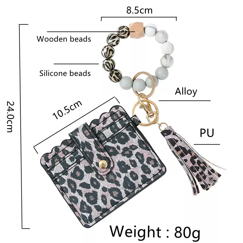 Wristlet Keychain Bracelet Wallet,Key Ring Silicone Bead Bangle,Pu