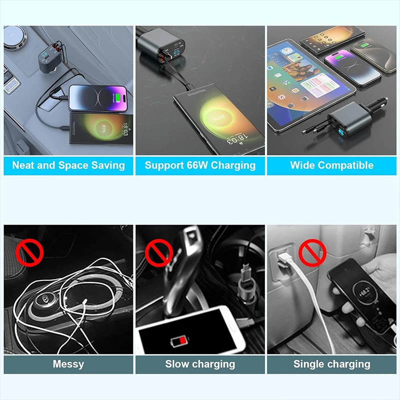 in Retractable Type-C USB Fast Charging Car Charger with Cables and  Ports Pd Function OTP and OVP Protection