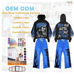 Custom OEM Faded Premium Vintage Distressed Printed Graphic Hoodie Plus Size Baggy Pants Flare Pants Set 100% Cotton