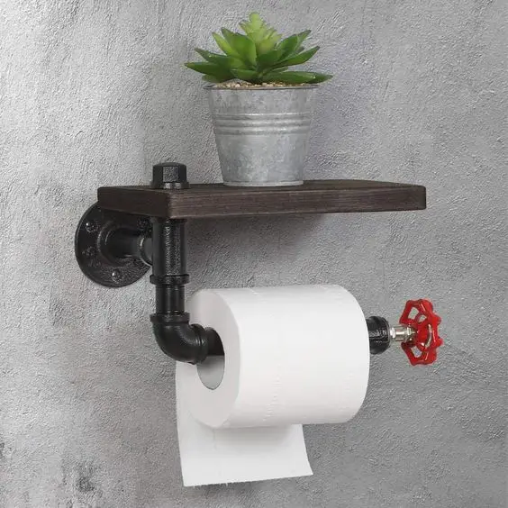 TOILET ROLL HOLDER / WITH SHELF / CAST / WELDERS BLACK