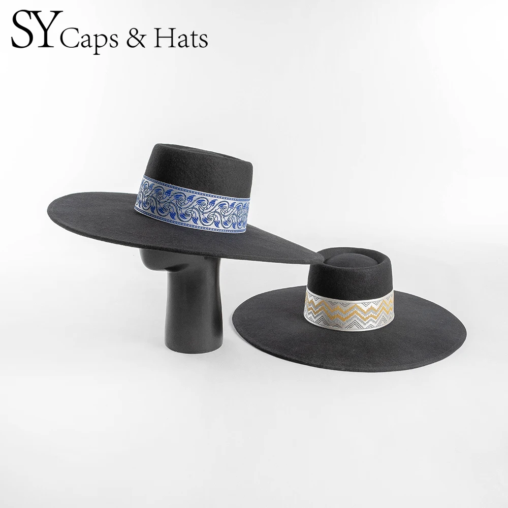 100% Wool Felt Pork Pie Hat Extra Wide Brim Felt Hat With Embroidery Ribbon Band OEM Customization Available