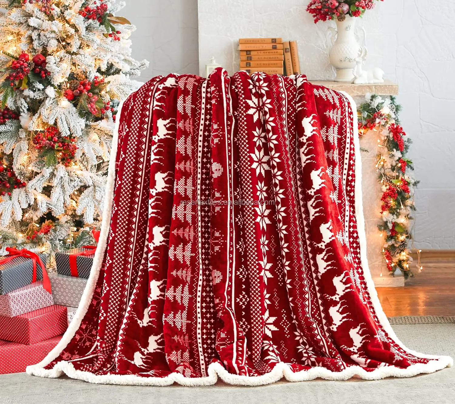 Sherpa Christmas Modern Knitted Throw Blanket 50" X 60" 100% Polyester Four Seasons Soft Cozy with Reindeer Design