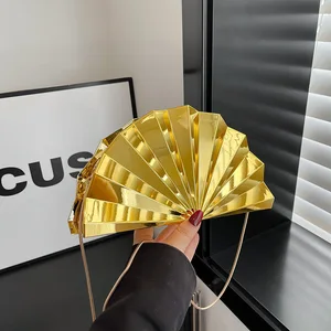 Fan Shaped Metallic Mirror Women's Crossbody Bag  Multi Color Party Evening Clutch with Chain Strap