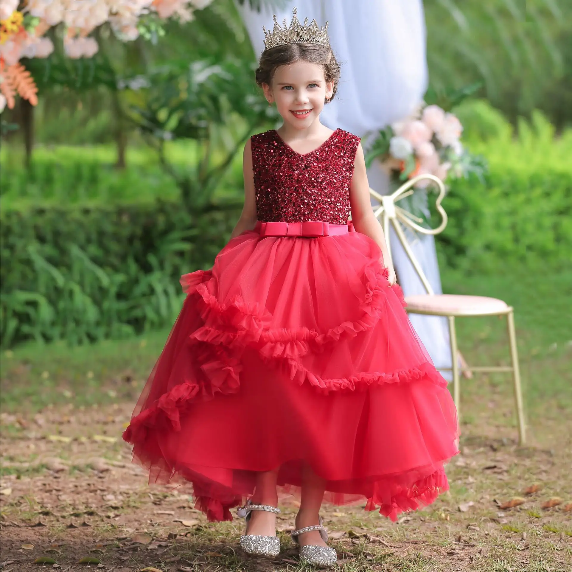 Shiny Toddler Shiny Sequins Flowers Girl Brithday Party Dress 