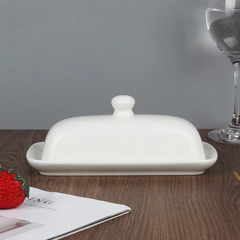 Custom Porcelain Cheese Butter Keeper Container Handle Cover Rectangular Ceramic Butter Dish With Lid