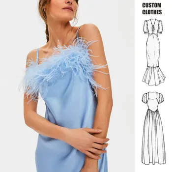 custom Mini Dress with Feathers in Light blue Casual Elegant Midi Dress Party Night Clubwear Women Dress