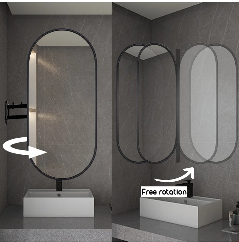 product oval shape aluminum framed rotating stretching bathroom mirror wall mounted make up foldable mirror washstand mirror-6