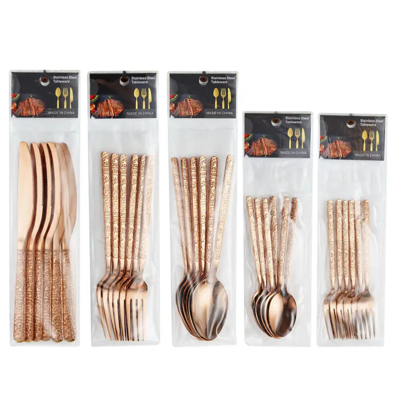 Factory Direct Sales Custom 6-Piece Gold Stainless Steel Tableware Home Cutlery Set Different Colors Sustainable Plastic Bag