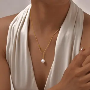 New Geometric Simple Long Good Y Shape Necklaces Adjustable Chain Stainless Steel Pearl Pendant Necklace