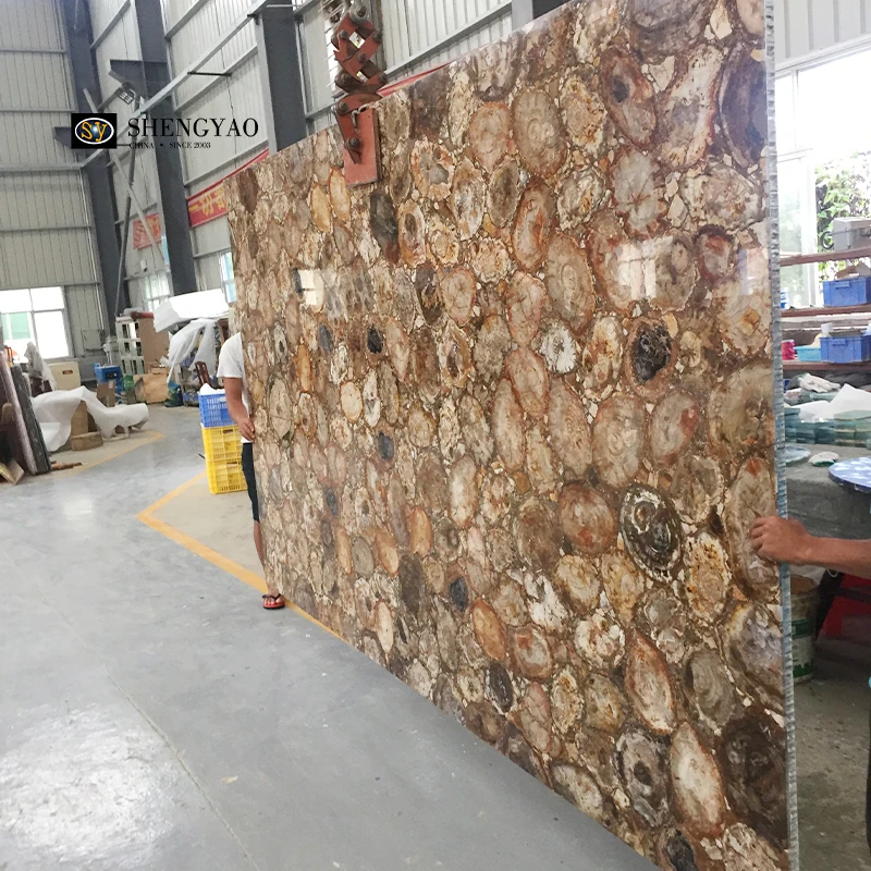 Custom Brown Petrified Wood TV Background Wall Panel Fossil Stone Fireplace Slabs