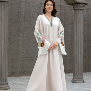 New Women's Clothing Middle East Muslim Ladies Long Robe V-Neck Embroidered Tassel Dignified Arab Women Dress Abaya