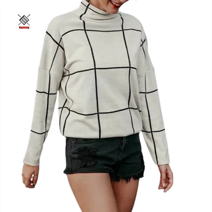 Simplee Grid Women High Neck Winter Oversized Jumper Knitwear Sweaters Pullovers