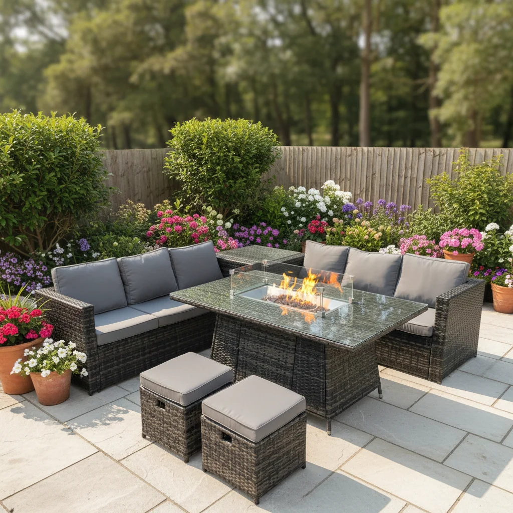 Sofa Rattan Furniture Outdoor Garden Furniture Rattan Sofa Set with Built-In Fire Pit Table and Storage