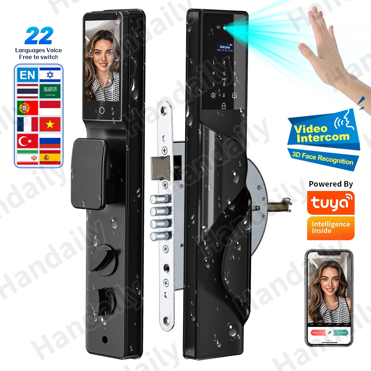 HanDaily Palm Face Recognition Smart Lock Tuya Wifi Video Monitoring Intercom Smart Door Lock with 6590 Mortise S9