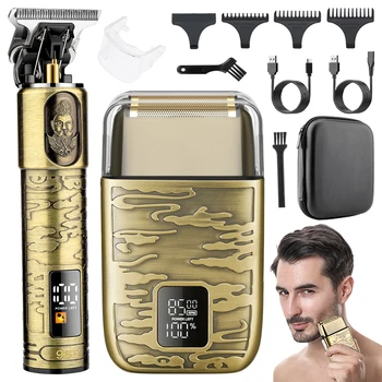 NEW Electric Foil Shaver Hair Trimmer 2pcs Set Men's Grooming Set Metal Body with EVA Bag Professional Hair Clipper