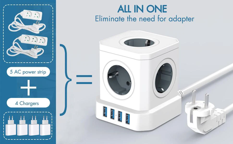 Extension Lead With 4 USB Ports Power Strips 5 AC Outlets Surge Protector Extension Socket EU Power Strip