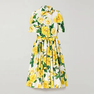 Dress Manufacturer Custom Spring Summer Polo Collar Short Sleeve Drawstring Print Cotton Shirt Midi Dress Women
