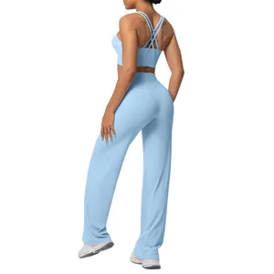 Women's Skin Friendly Lightweight Sports Set Cross Shoulder Strap Bra Loose Straight Leg Pants Running Fitness Yoga Set