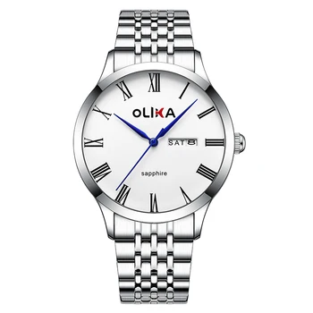 Olika Men's Stainless Steel Business Quartz Watches Minimalist Dual Calendar Luminous Waterproof 22mm Band Width Alloy Pointer