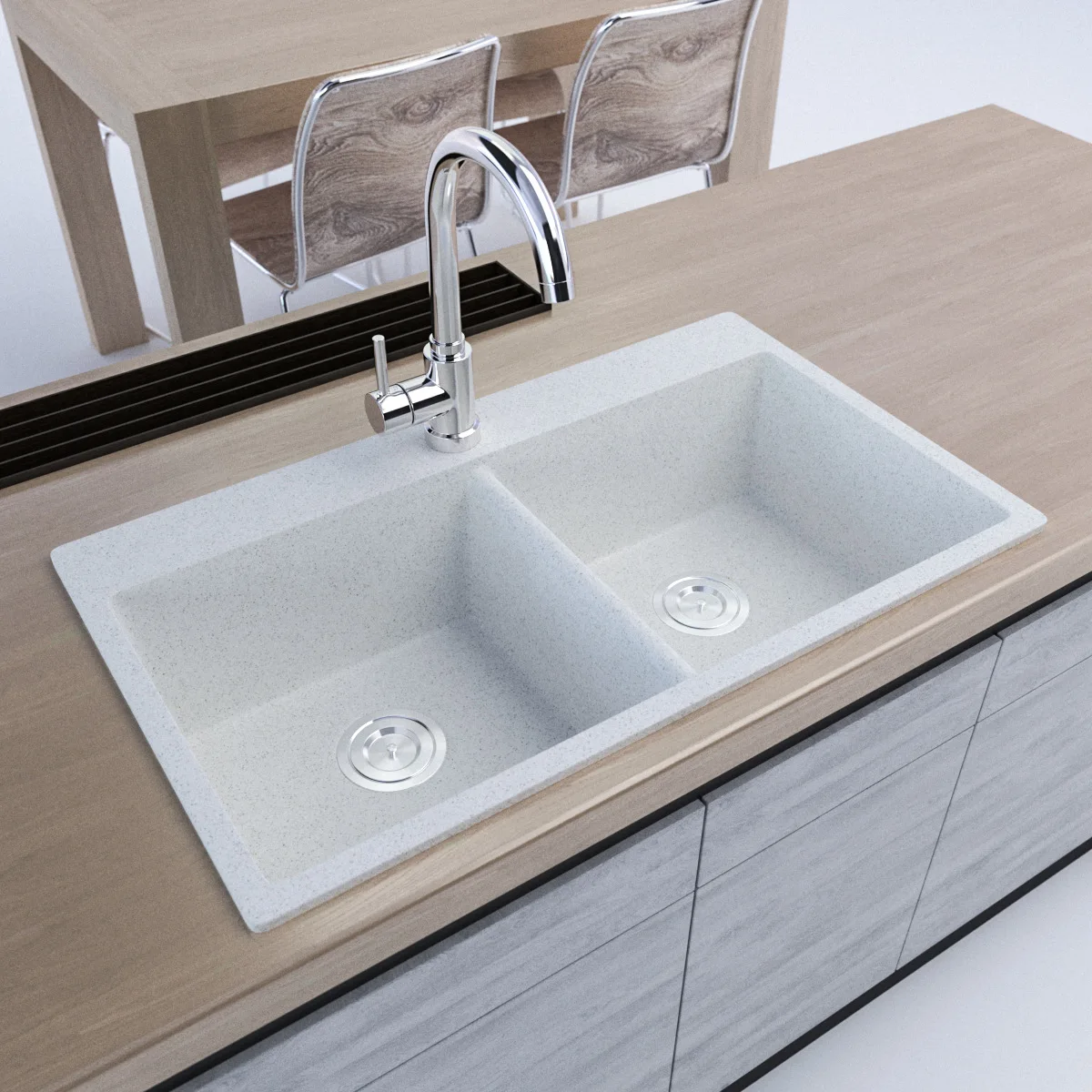 Double Bowl Solid Surface Quartz Composite Granite Modern Matt Black Undermount Farmer  Kitchen Sink