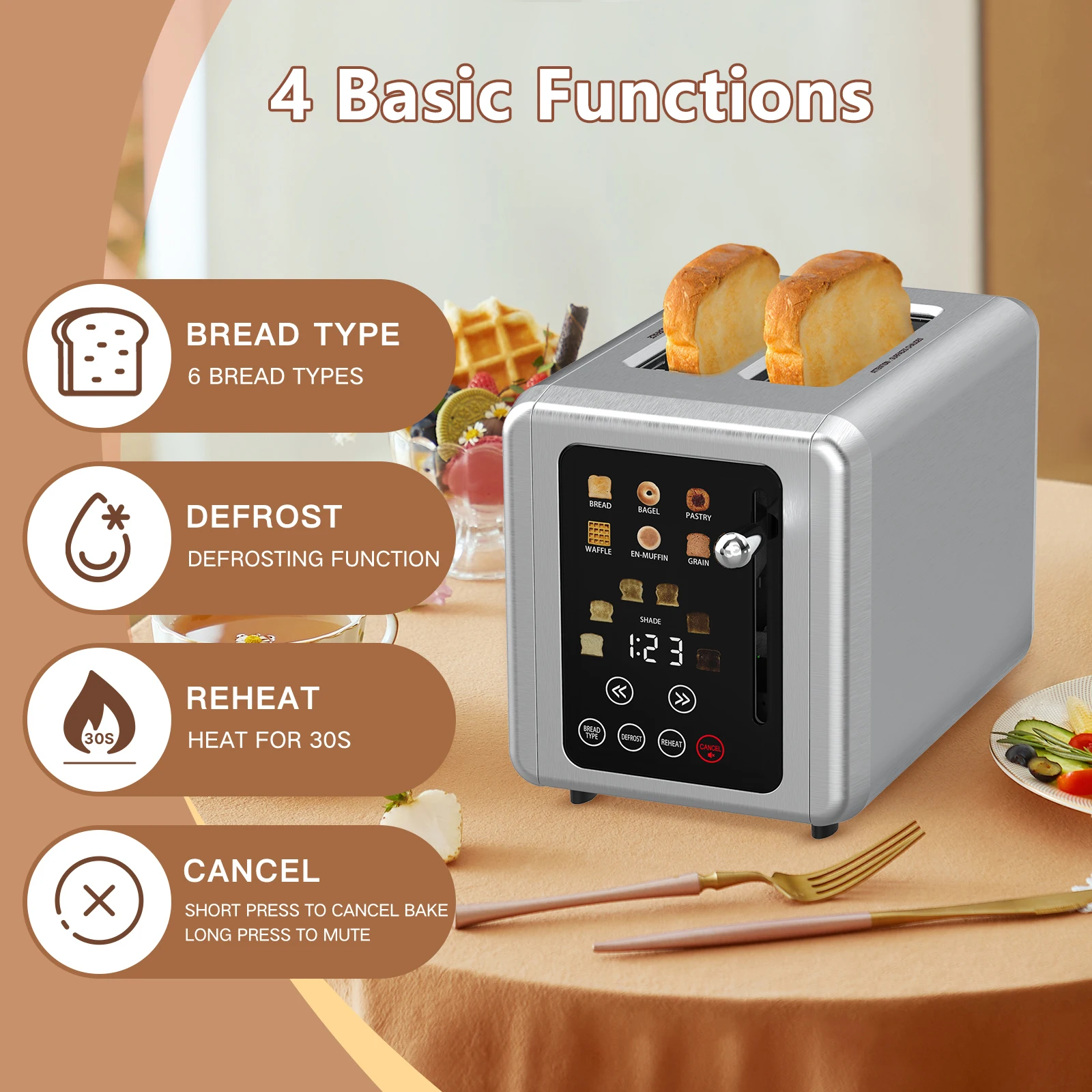Stainless Steel Bread Toaster with Digital Screen Touch Control Multiple Functions 2 Slice Smart Toaster