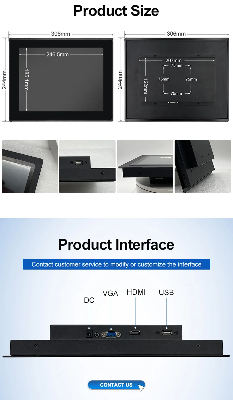 12 Inch 1024*768 VGA Non Touch square Screen Metal Aluminum TFT Embedded Pure Flat OEM ODM Industrial LCD Monitor