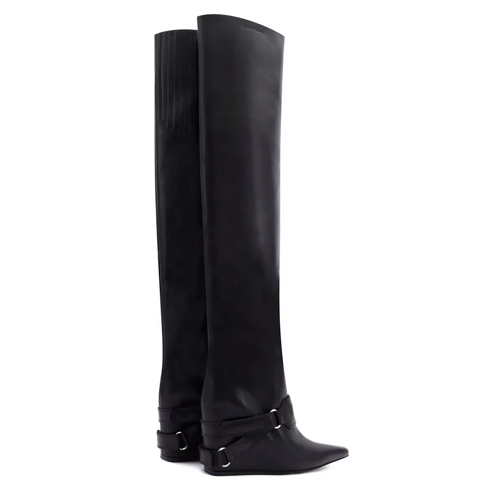 Plus Size Pointed Toe Pull Slip on Hidden Heel Black Over the Knee High Height Increasing Elevator Boots Women Shoes Size 46