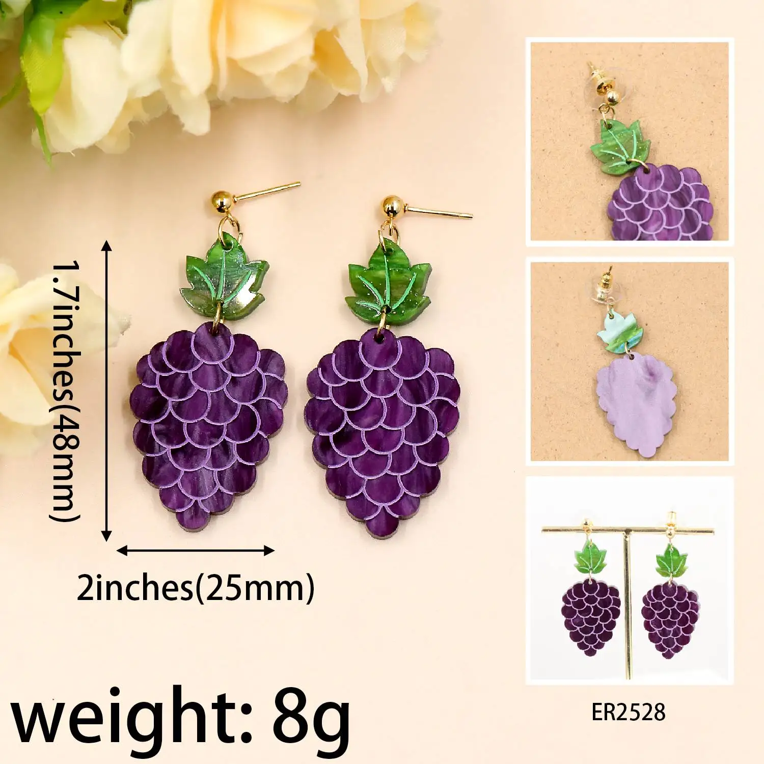 ZSHER2528 Hand Painted Acrylic Laser Cut Summer Grapes Drop Earrings Romantic Vintage Style for Girls Perfect Gift details