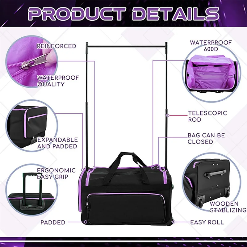 Custom Logo Performance Competition Dance Bag Rolling Garment Bag With Garment Rack Clothes Rack Dance Suitcase