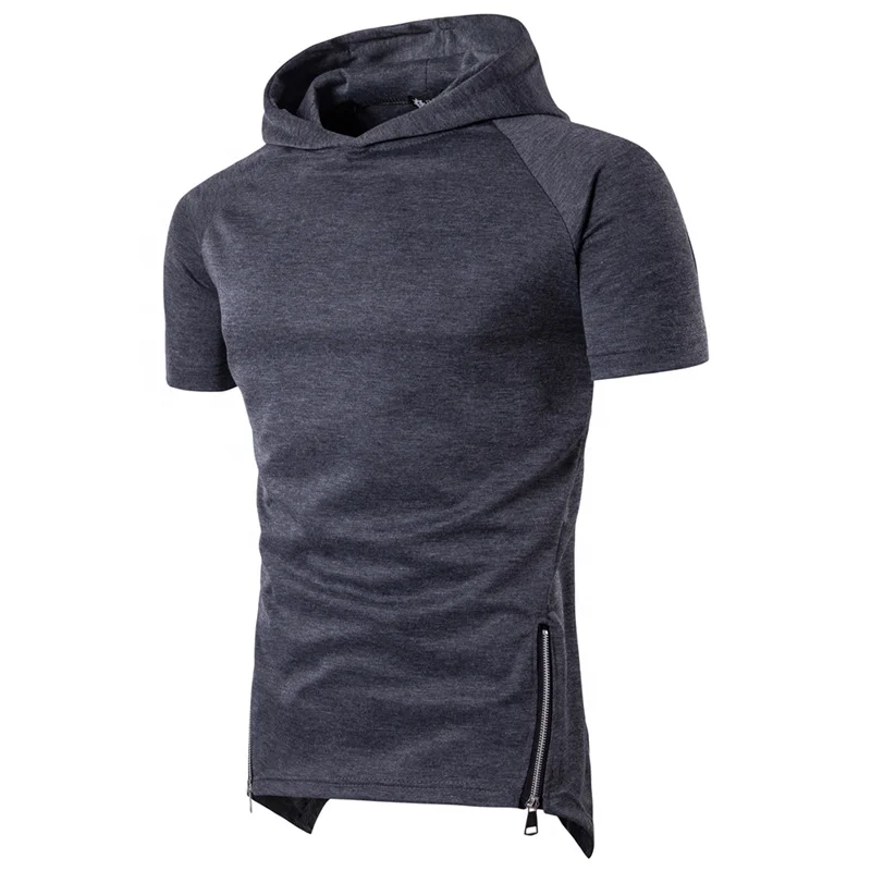 JL0429D Unique Cut Double Zip Pullover Short Sleeve Hooded Sweatshirt Short Sleeve Hood Shirts for Men