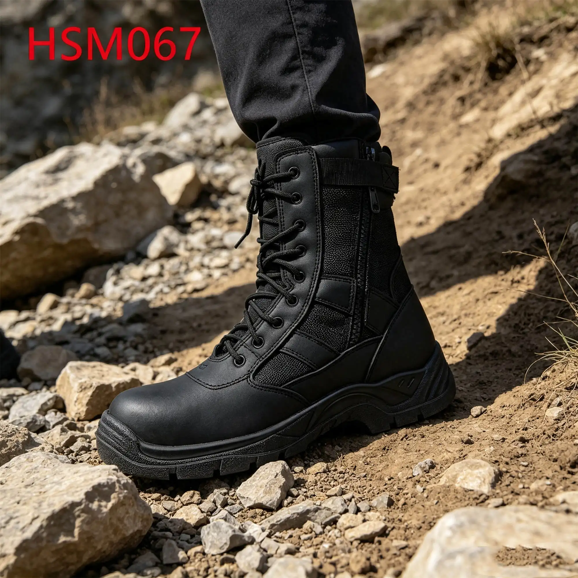 ZYF,Steel Toe Insert Hua Singh Men Leather Boots with Side Zipper Gravel Path Durable PU/PU Injection Sole Combat Boots HSM067