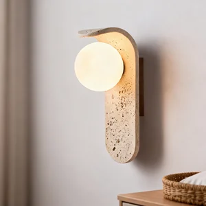 JACKSUN Buttercream-Style Bedside Wall Lamp Vintage Yellow Travertine Stone Bedroom Staircase Wabi-Sabi Wall Lighting Fixture