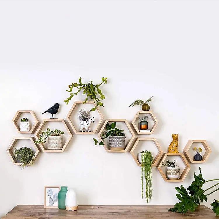 Log color honeycomb plant hanging wood display shelves wall frame hexagonal floating shelf