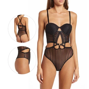 OEM/ODM High Quality Lady Teddy One-piece Galloon Striped Mesh Bodysuits for Women Underwear Sexy Lingerie Bodysuit Shapewear