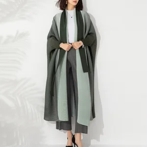 Miyake Pleated Loose Plus Size Shawl Coat Middle Eastern Women Stylish Casual Gradient Color Belted Cardigan Jackets Abaya Robe