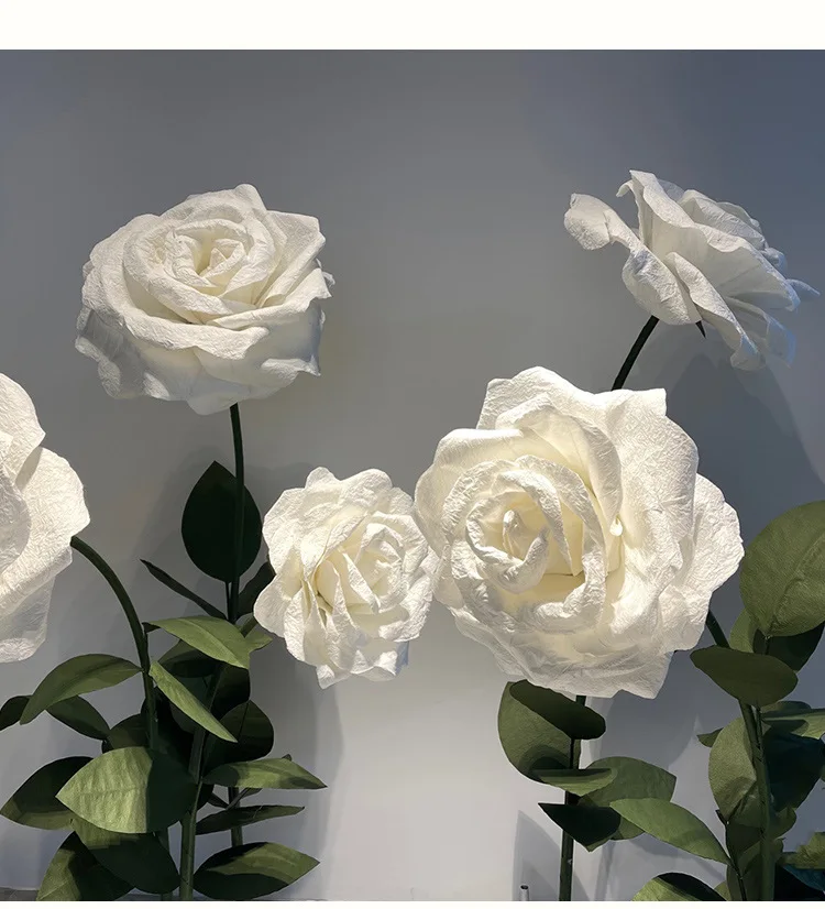 CNZ02 Large Standing Wrapping Long Stem Base Paper White Rose Flower Wall Bouquet for Wedding Decoration Party