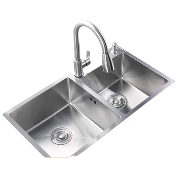 33 Inch 304 Stainless Steel 11 Gauge (3mm) Quick Drain Double Bowl Kitchen Sink with Kitchen Faucets