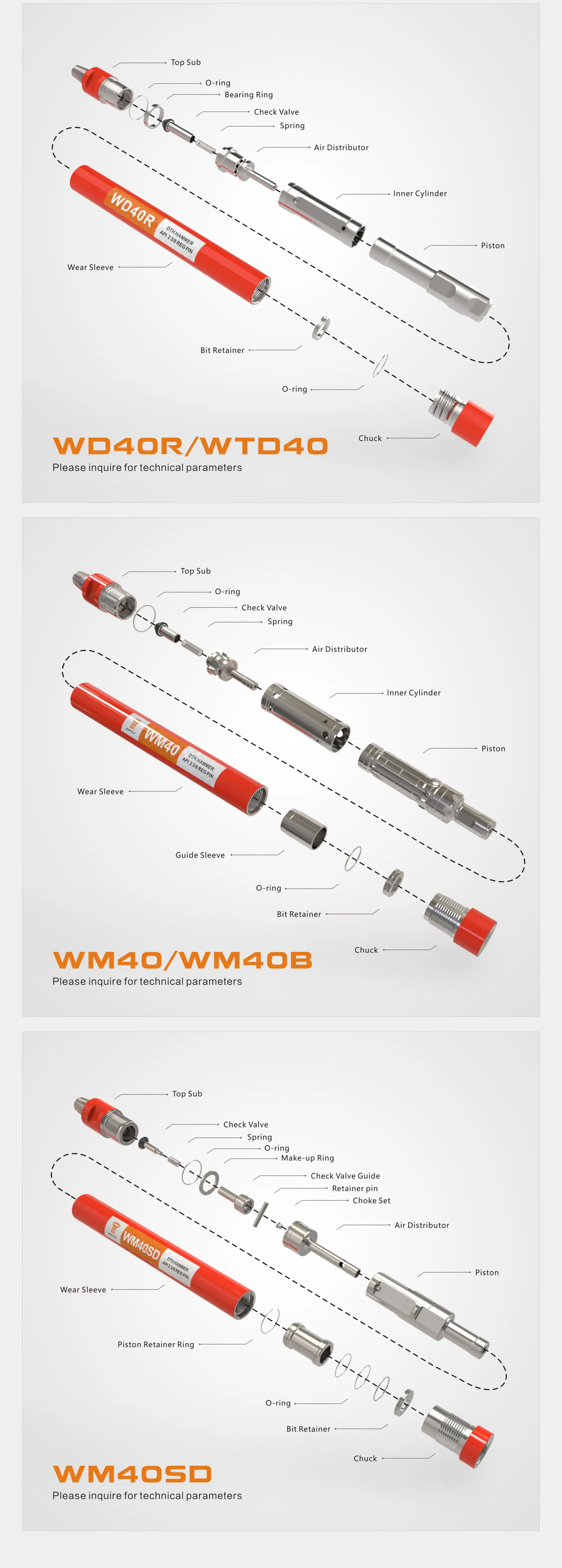 Wontech Factory Price High air pressure DHD340 WT4 M40 API 2 3/8" REG PIN Down the Hole DTH Hammer manufacture