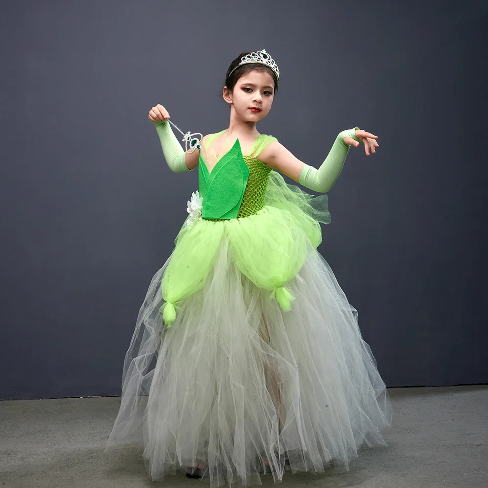 Fancy Halloween Christmas Party Cosplay Dress 2-11Y Little Girl Princess  Long Tinker Bell Green Elf Costume Polyester TV Movie
